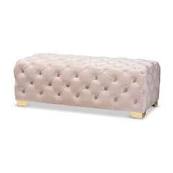 Baxton Studio Avara Glam and Luxe Light Beige Velvet Fabric Upholstered Gold Finished Button Tufted Bench Ottoman